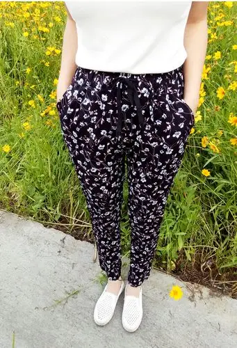 夏季人造棉女裤子纯棉绸哈伦裤雪纺薄款松紧腰大码胖mm绵绸休闲裤