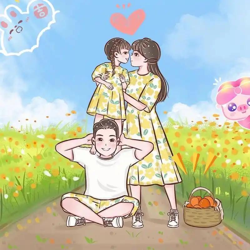 97一家三口/四口手绘头像全家福动漫绘画 一家三口/四口手绘头像