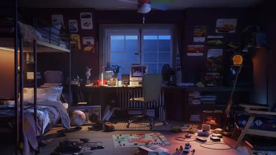 3d场景卧室床桌椅电脑窗灯光4k壁纸3840x2160