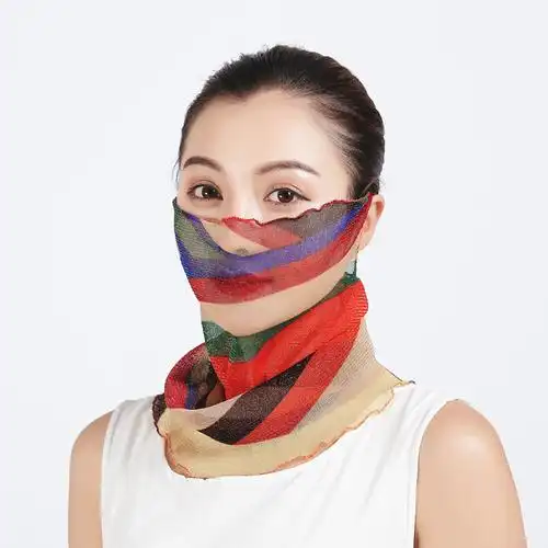 单色百变小丝巾印花金丝围脖防晒口罩骑行面罩面纱百搭假领子脖套