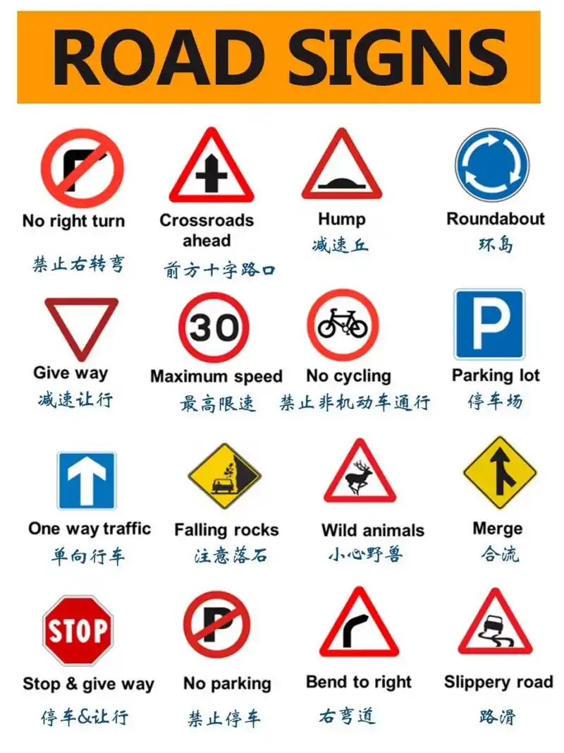 日常英语|交通标识02中英文对照来啦 78嗨,上午好呀!