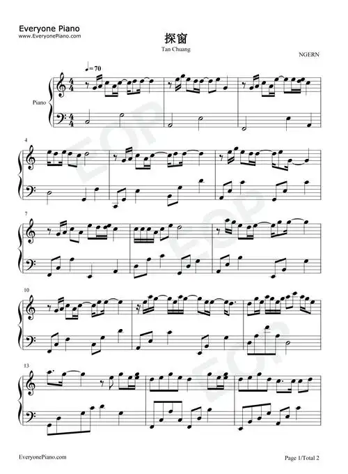 探窗-c调简单版-她唱着他乡遇故知 一步一句是相思-钢琴谱文件(五线谱