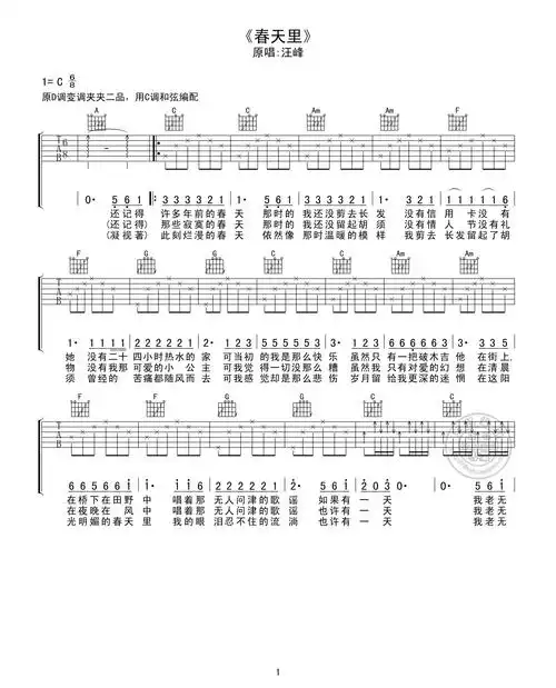 汪峰春天里吉他谱c调天虹乐器版