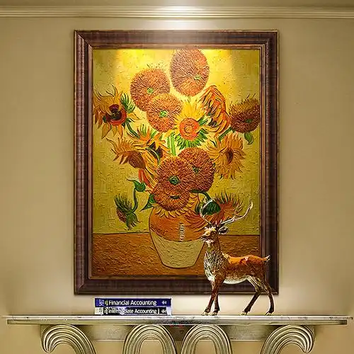 手绘梵高向日葵装饰画现代简约餐厅花卉挂画客厅三联油画