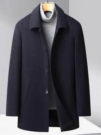 羊毛呢大衣男爸爸冬装呢子风衣加厚中年人父亲男装冬季外套藏青175