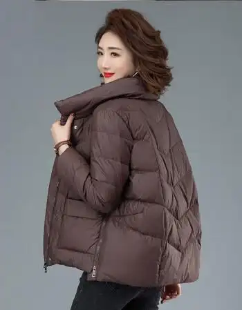 品牌宽松气质韩版女士中年妈妈小个子白鸭绒冬天外套咖啡l120斤130斤