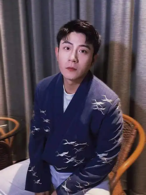 高晓攀演绎了三寸盛京定制系列作品蓝色交领上衣,刺绣上一排排仙鹤