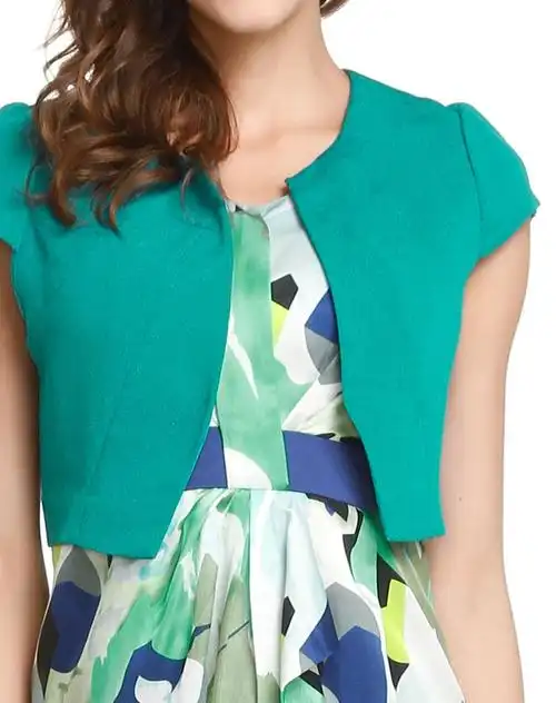 蓝绿色简约休闲盖肩袖短款外套