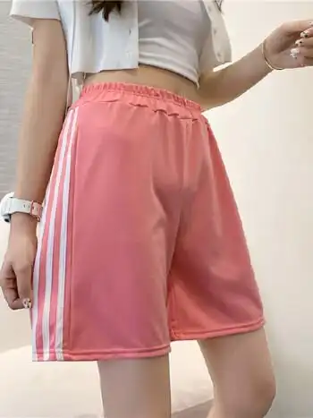 fgacct运动休闲短裤女2022夏学生条纹高腰中裤跑步宽松五分裤粉色l