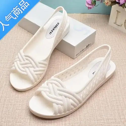 suntek女凉鞋夏季塑料鱼嘴后板带坡跟外穿软底白色护士镂空洞洞防滑