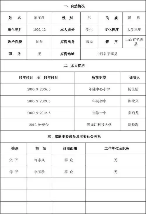 12 团员 无 性 别 男 学生 农民 民 族 汉 族 出生年月 政治面貌 职