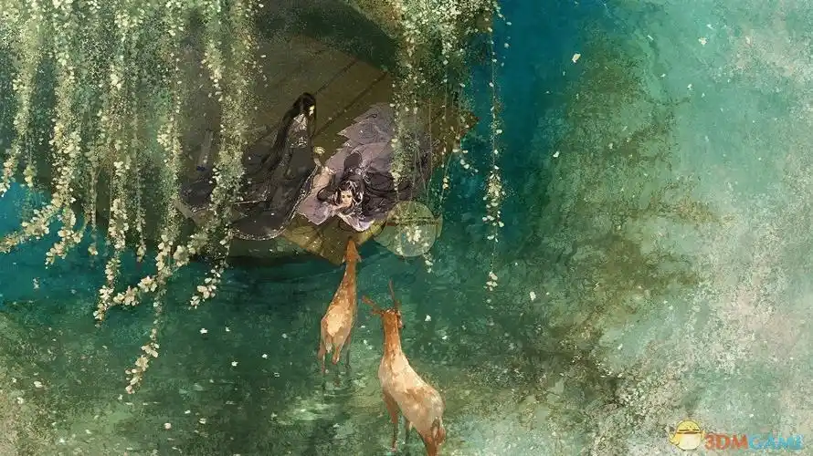 wallpaperengine古风湖边小船上的人和鹿动态壁纸