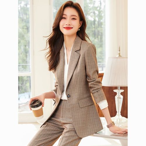 香槟色格子西装外套女秋季新款职业装气质正装大学生面试西服套装