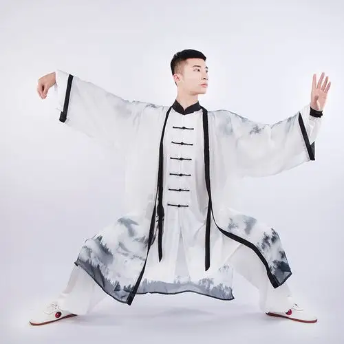 海韵新款太极服男中国风彩绘禅武术表演服比赛服水墨纱三件套包邮