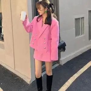 毛呢套装女冬两件套裙粉色