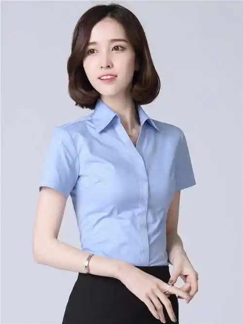 职业白衬衫女v领短袖工作服套装新款工装衬衣气质正装灰色上衣夏