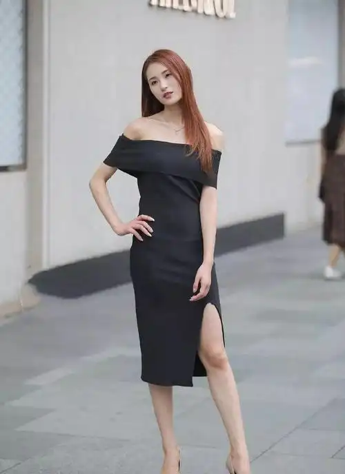 黑色一字肩连衣裙搭配尖头高跟鞋,又甜又酷,少女感满满|长裙|裙子|大