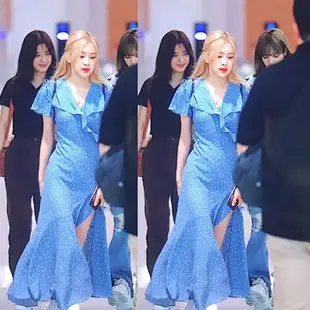 blackpink朴彩英rose同款韩国蓝色波点荷叶边飞飞袖修身连衣裙女