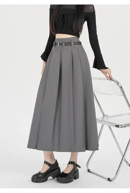 灰色西装半身裙女夏季小个子中长款百褶裙高腰显瘦垂坠感a字长… - 17