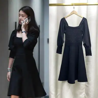 欢乐颂3杨采钰方芷衡露西同款衣服黑色方领连衣裙女收腰显瘦裙子