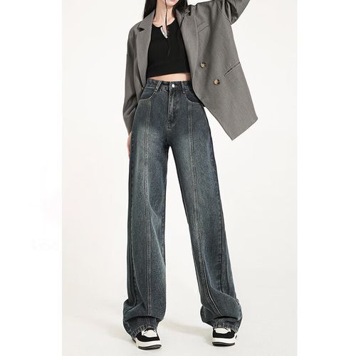 丝克诺依 美式牛仔裤女高腰宽松新款复古阔腿垂感拖地春春 蓝灰色长裤