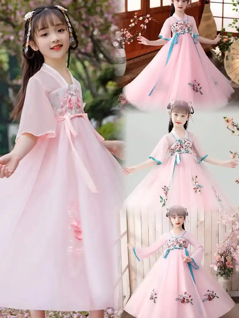 女童超仙古装连衣裙儿童汉服雪纺公主裙子#女童汉服 #生女儿就 - 抖音