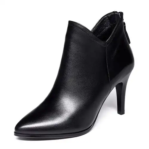 真皮短靴女高跟鞋女细跟小跟2019秋冬新款百搭尖头皮鞋冬季马丁靴