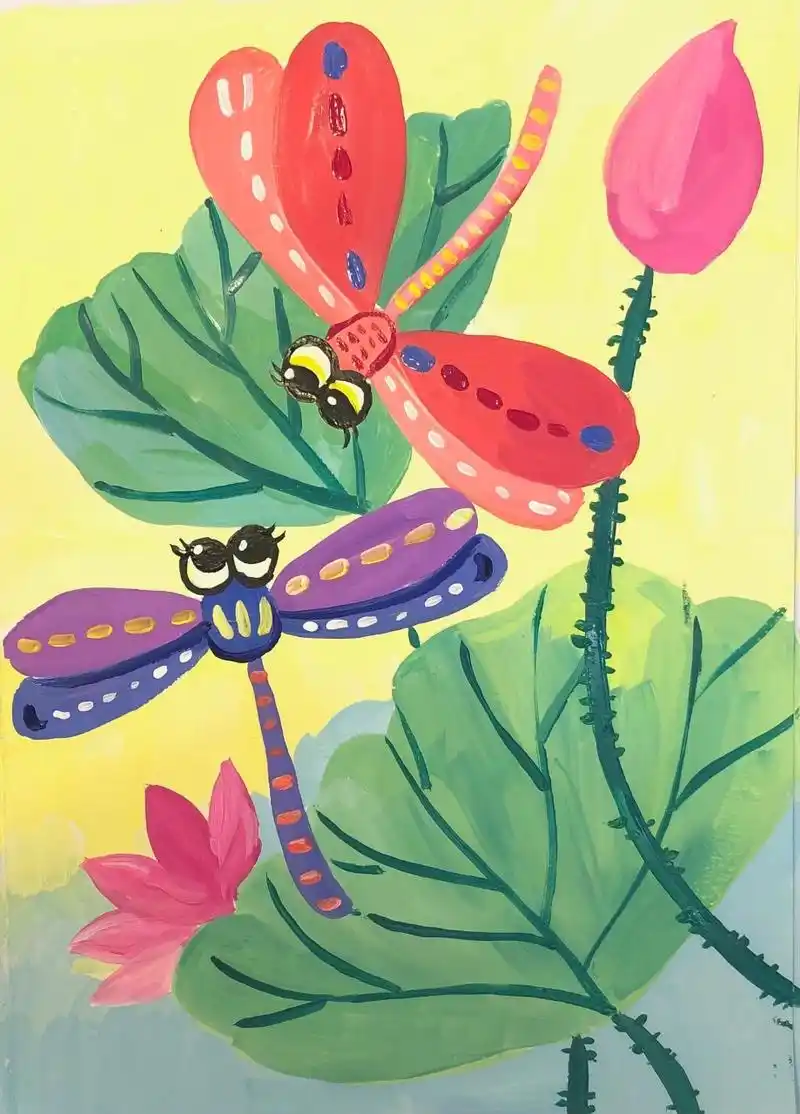 儿童水粉画动物《蜻蜓》附过程图课效 适合八岁以上 会有课件的,现在