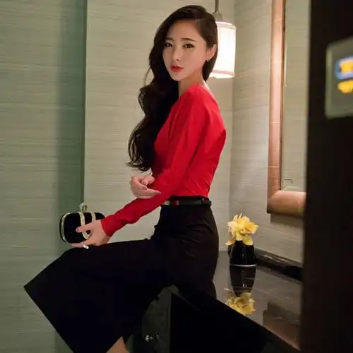 剪痕 长袖连衣裙秋 女装修身通勤ol假两件拼接撞色职业包臀裙子xj8015