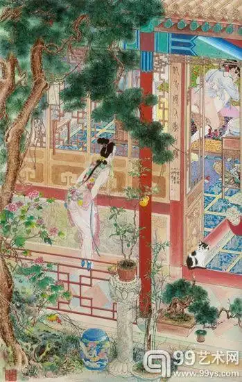 他的人物学的是明代仇十洲笔法,终于以一手"铁线游丝"的绝活而独领