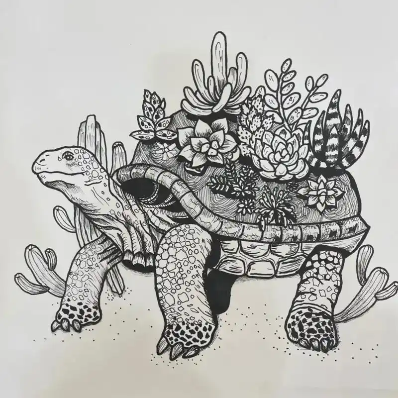 乌龟线描装饰画～#黑白装饰画 #线描 #创意画 #乌龟 #手 - 抖音