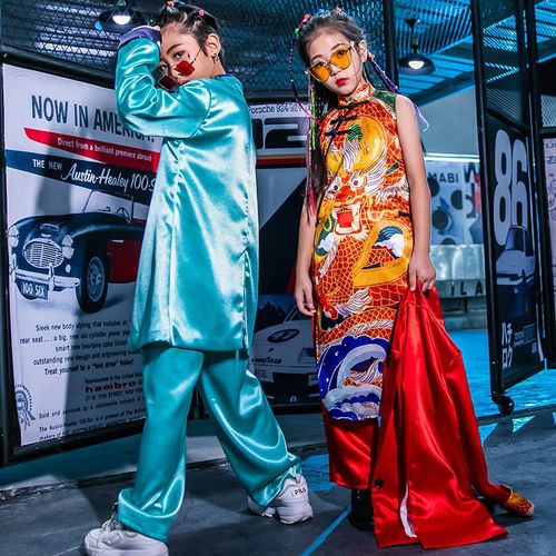 演出走秀服装男童街舞潮装时尚女童中国风儿童时装t台国潮风套装