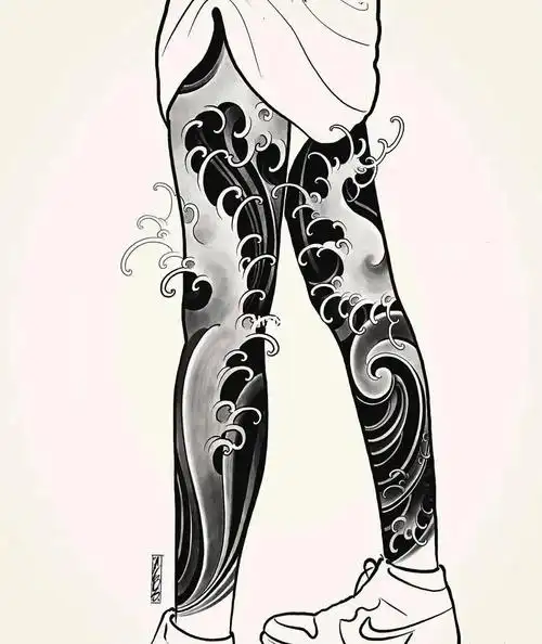 太原纹身‖水浪花腿手稿分享_纹身_太原攻略_太原纹