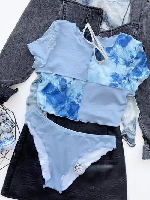 拼接撞色泳衣女士分体比基尼短袖波浪泳装套装分体泳衣