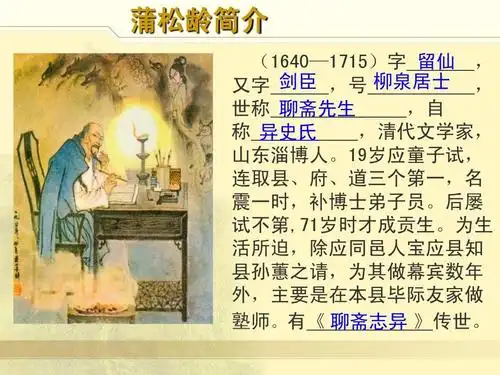 蒲松龄简介 (1640—1715)字 留仙 , 又字 剑臣 ,号 柳泉居士 , 世称