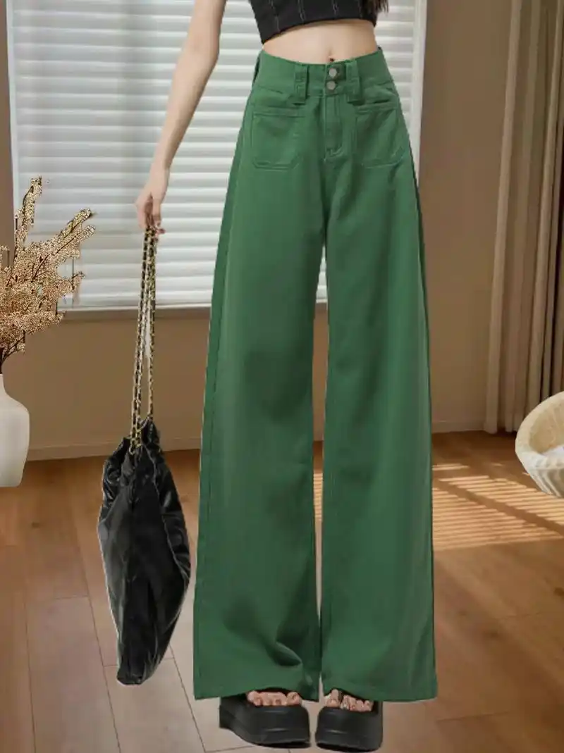 喜绚深绿阔腿牛仔裤女夏季薄款宽松直筒裤