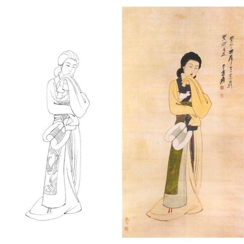 张大千执扇仕女人物工笔白描底稿线稿透稿勾线临摹实物打印稿l528