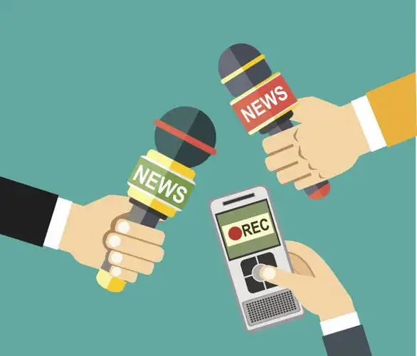 新闻学平横幅.记者在桌子上的设备.平面矢量图