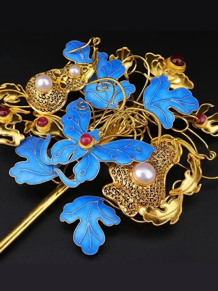 镶金堂古代风小花簪纯银鎏金手工花丝镶嵌红宝石古装汉服百搭发饰