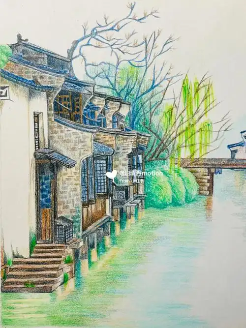 彩铅手绘江南水乡
