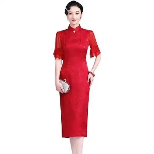 钱塘佳人红绣桑蚕蚕丝旗袍2021年新款时尚气质高端旗袍