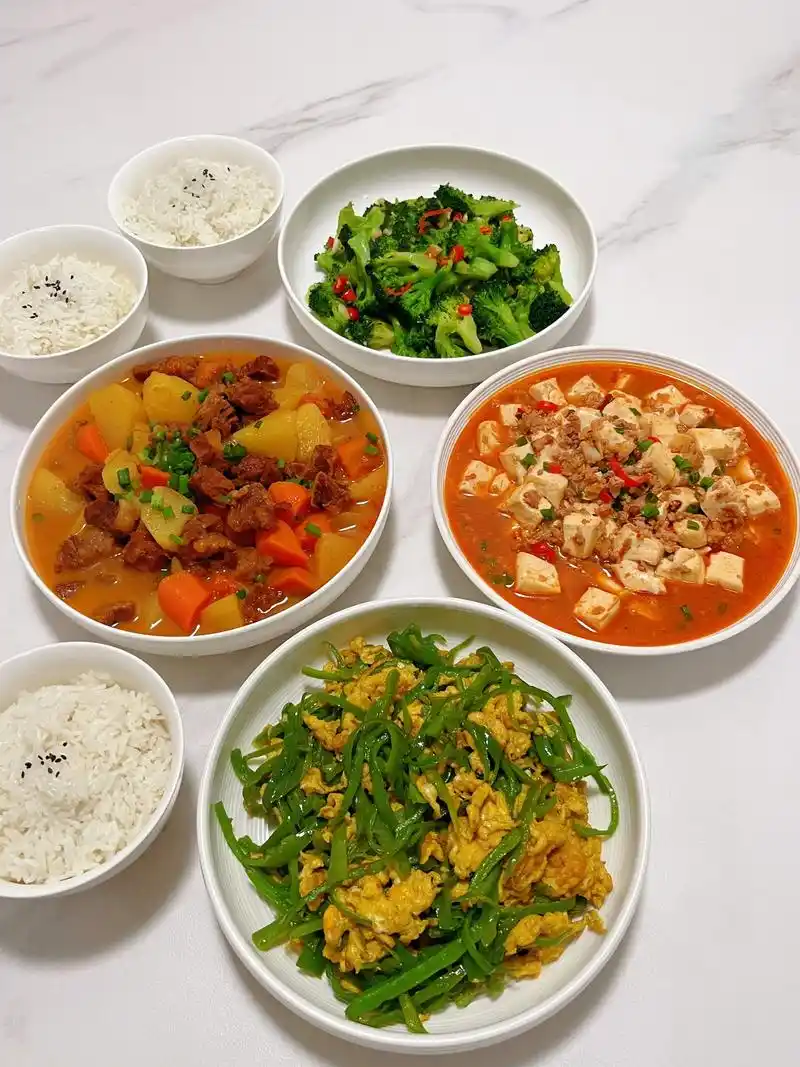 吃不腻的家常菜.午餐分享番茄土豆炖牛腩青椒炒鸡蛋麻婆豆