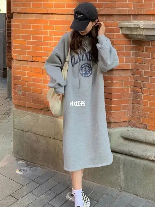 过膝长款连帽卫衣裙子女冬宽松韩版ins慵懒