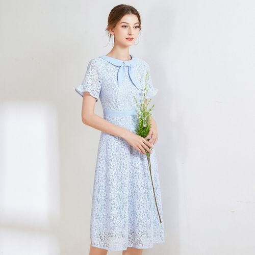 夏季款时尚蝴蝶结系带领淑女裙子修身短袖蕾丝连衣裙