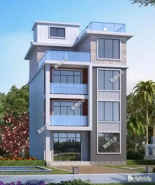 下面两栋三层半别墅,第一栋现代平顶风格,非常简约,在广东农村非常多