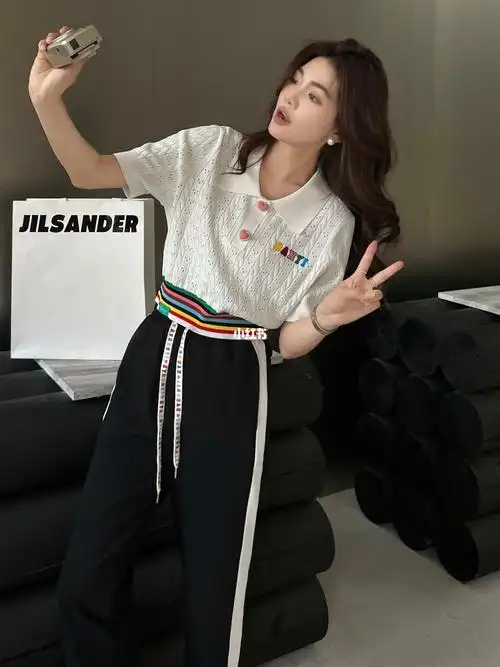 ryranyi 23ss 绞花挑孔撞色彩虹针织短袖