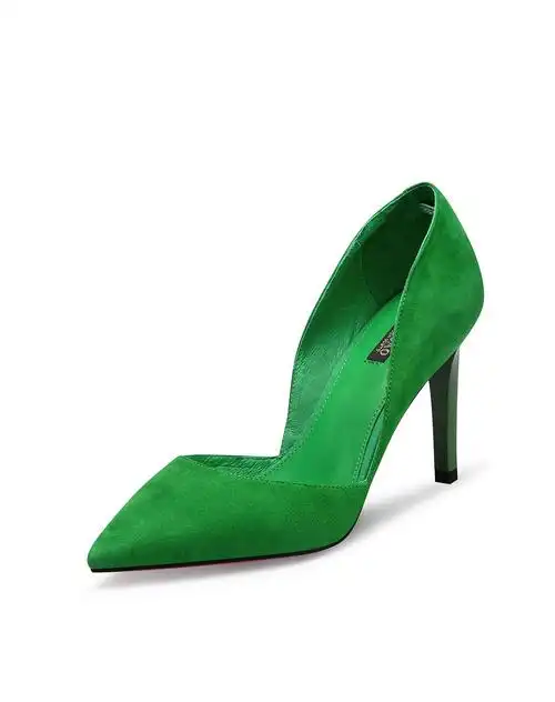 2016春季新款 绿色羊猄性感细高跟尖头浅口单鞋
