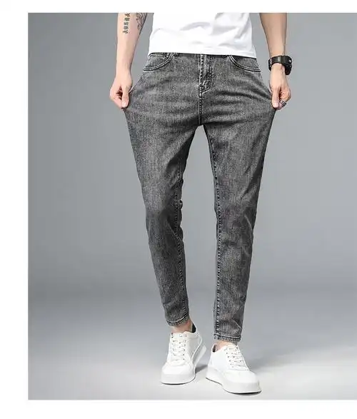 春秋款黑灰色牛仔裤男修身小脚裤韩版潮流男士潮牌休闲百搭裤子 黑