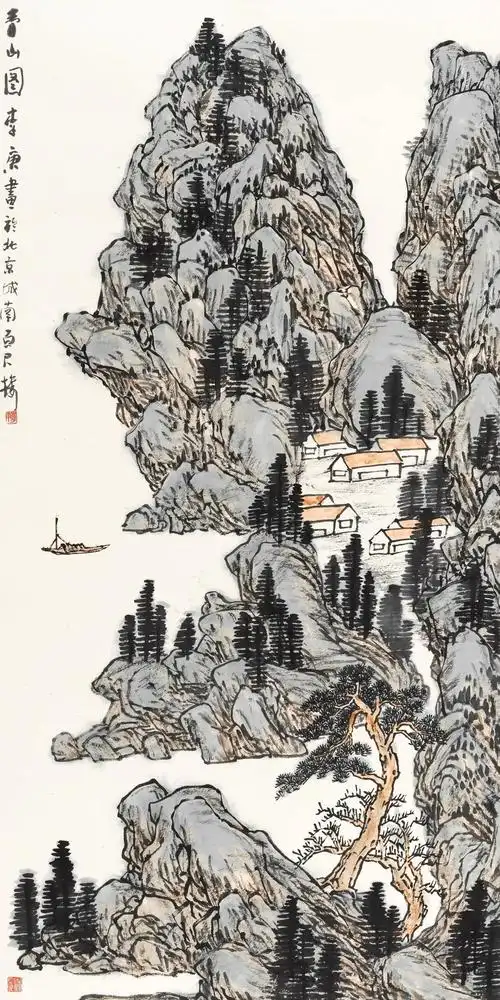 李庚       青山图138×68cm说明:此作品附北京荣宝拍卖证书.