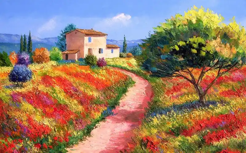 法国油画繁花小径农家小屋蓝天白云